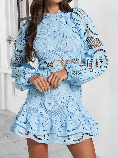 Lantern Sleeve A-Line Ruffled Lace Sheer Mini Dress