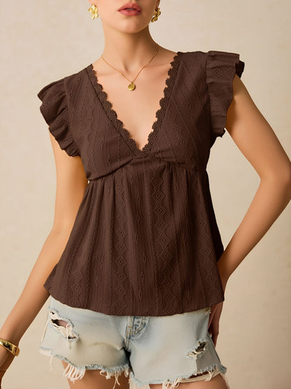 Ruffle Cap Sleeve Lace Eyelet Casual Blouse