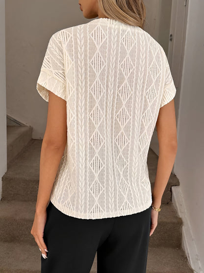 Casual Crew Neck Jacquard Short Sleeve Blouse