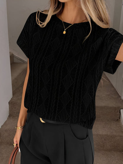 Casual Crew Neck Jacquard Short Sleeve Blouse