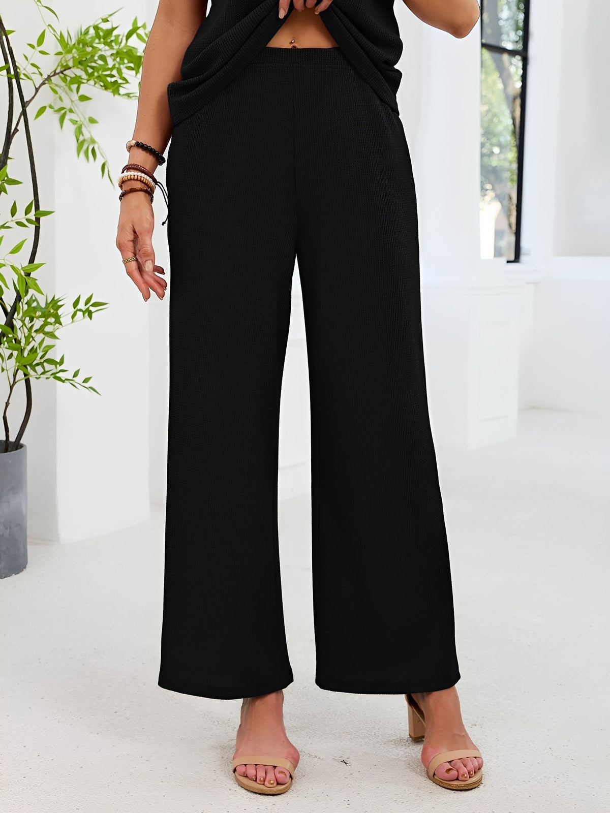 2 Pieces Solid Color Round Neck Top & Wide Legs Long Trousers Pants Casual Matching Set