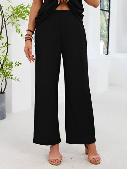 2 Pieces Solid Color Round Neck Top & Wide Legs Long Trousers Pants Casual Matching Set