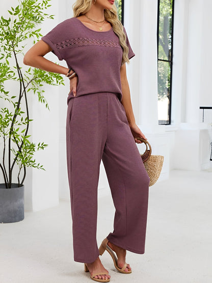 2 Pieces Solid Color Round Neck Top & Wide Legs Long Trousers Pants Casual Matching Set