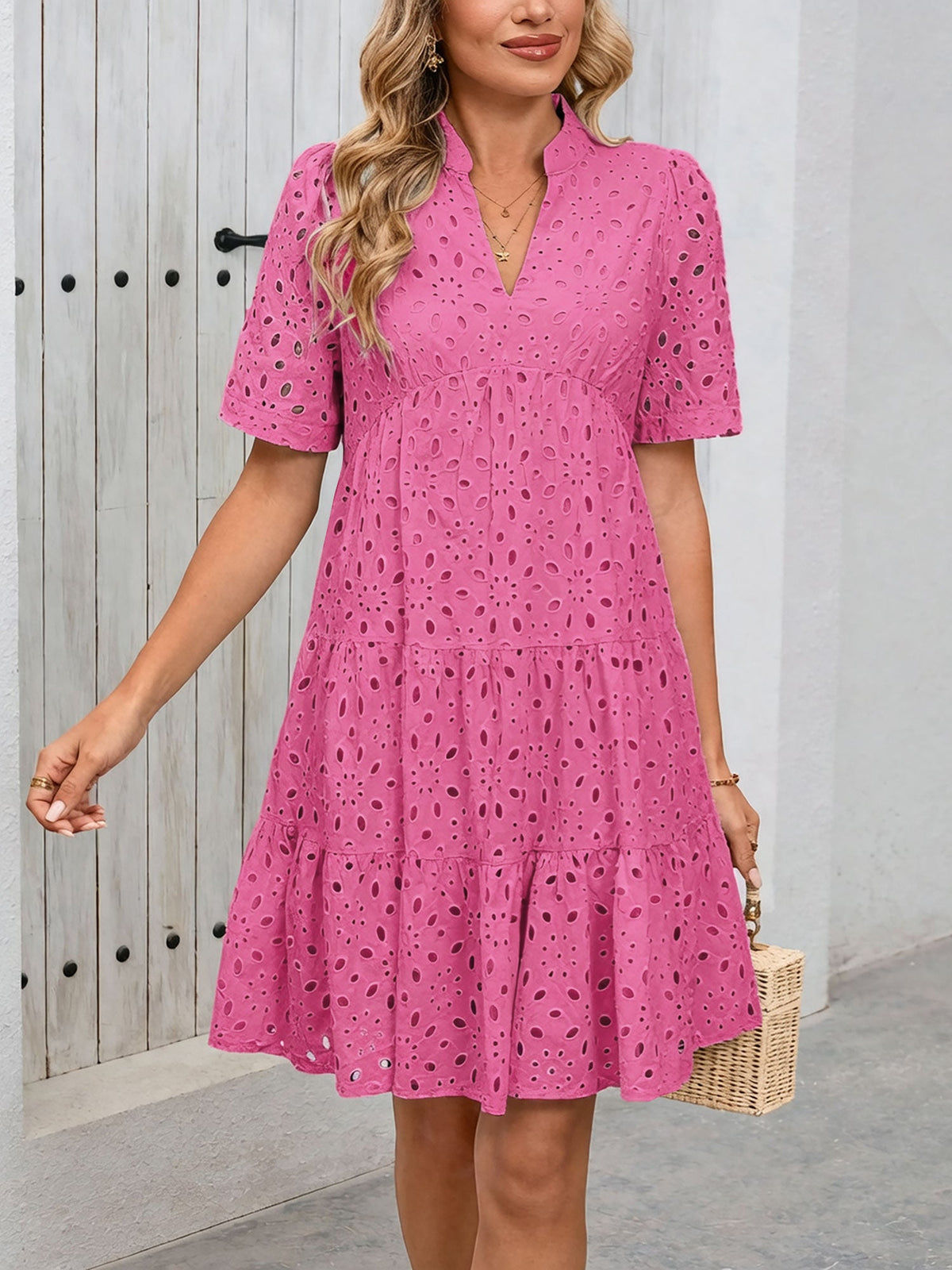 Eyelet Cotton Notch Neck Puff Sleeves Tiered Midi Dress