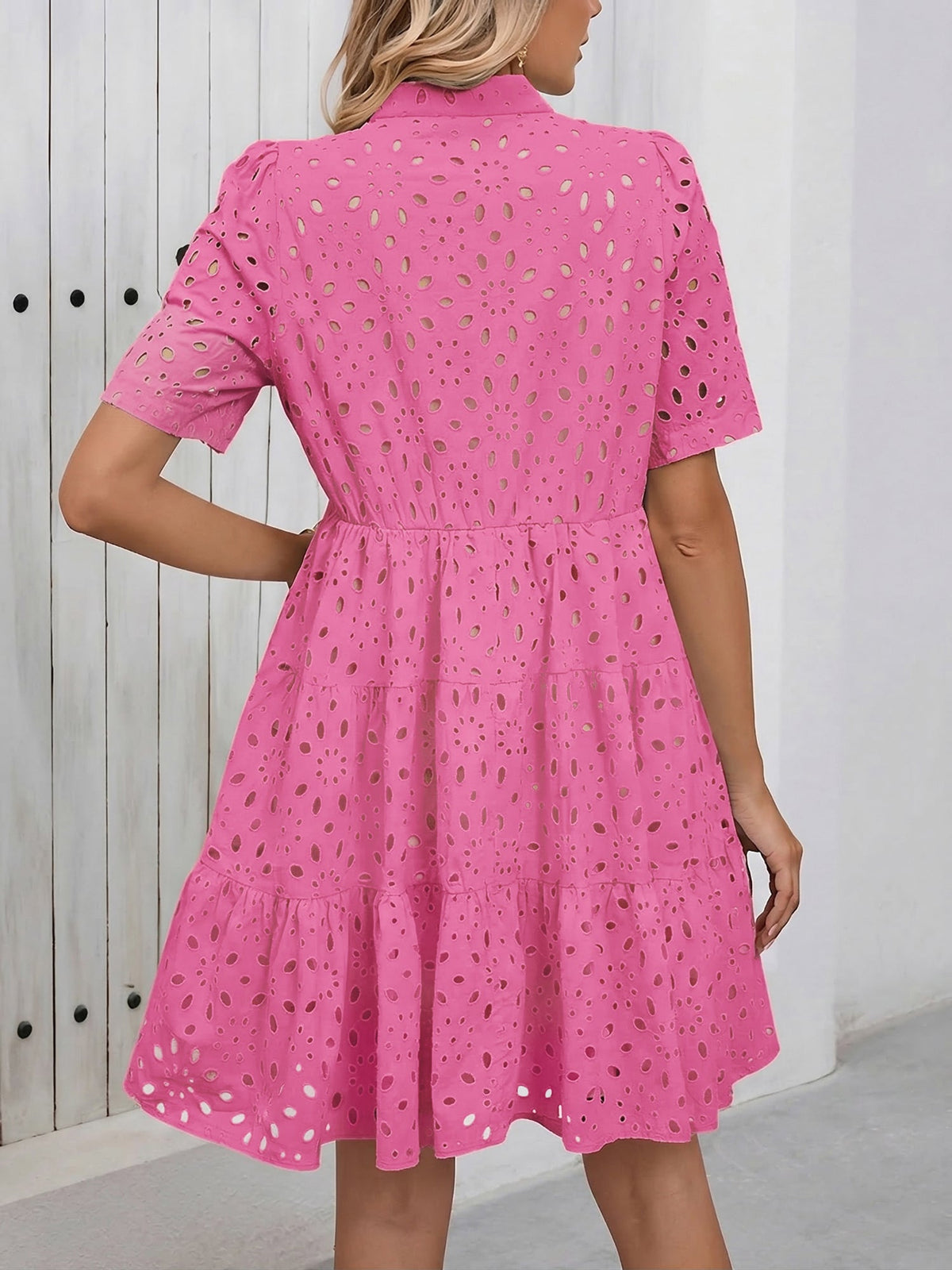 Eyelet Cotton Notch Neck Puff Sleeves Tiered Midi Dress