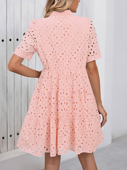 Eyelet Cotton Notch Neck Puff Sleeves Tiered Midi Dress