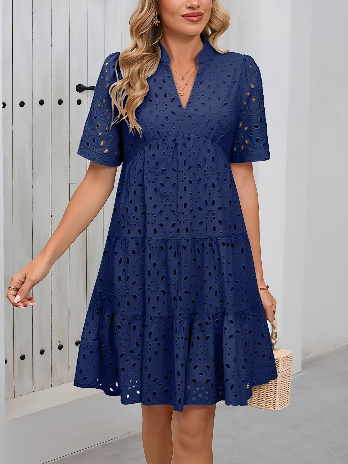 Eyelet Cotton Notch Neck Puff Sleeves Tiered Midi Dress