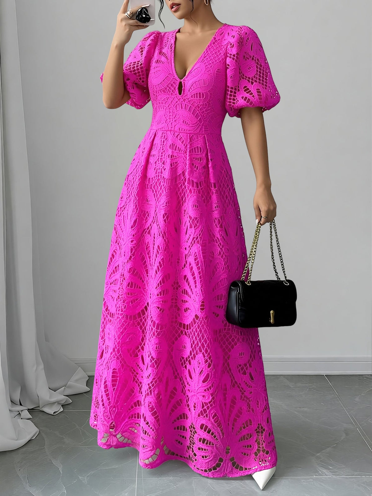 Lace V Neck Puff Sleeves A-Line Maxi Dress