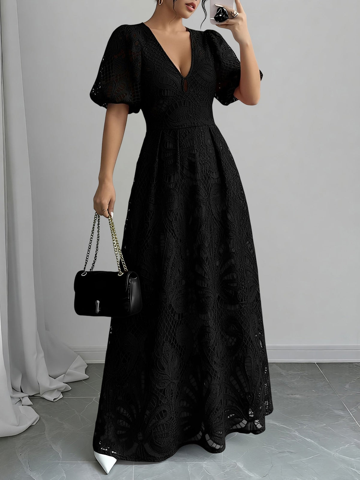 Lace V Neck Puff Sleeves A-Line Maxi Dress