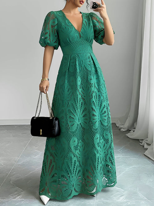 Lace V Neck Puff Sleeves A-Line Maxi Dress