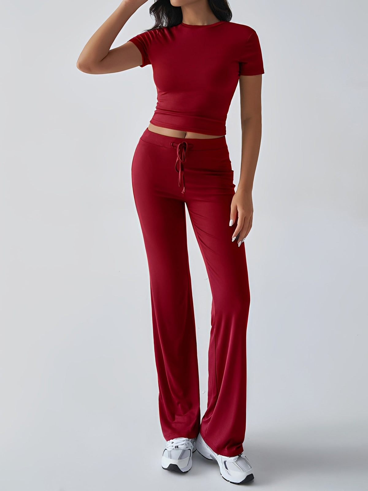 2 Pieces Crew Neck Short Sleeves Cropped Top & Straght Legs Trousers Pants Matching Workout Set