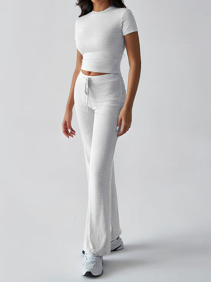 2 Pieces Crew Neck Short Sleeves Cropped Top & Straght Legs Trousers Pants Matching Workout Set