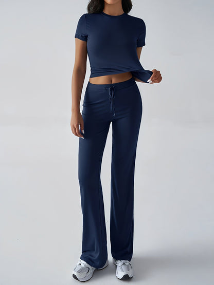 2 Pieces Crew Neck Short Sleeves Cropped Top & Straght Legs Trousers Pants Matching Workout Set
