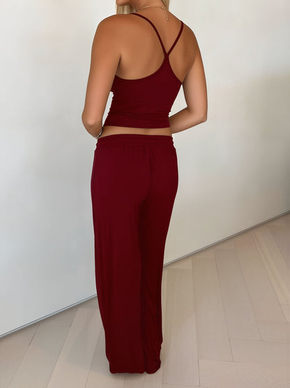 2 Pieces Spaghetti Strap Top & Elastic Waist Trousers Pants Matching Workout Set