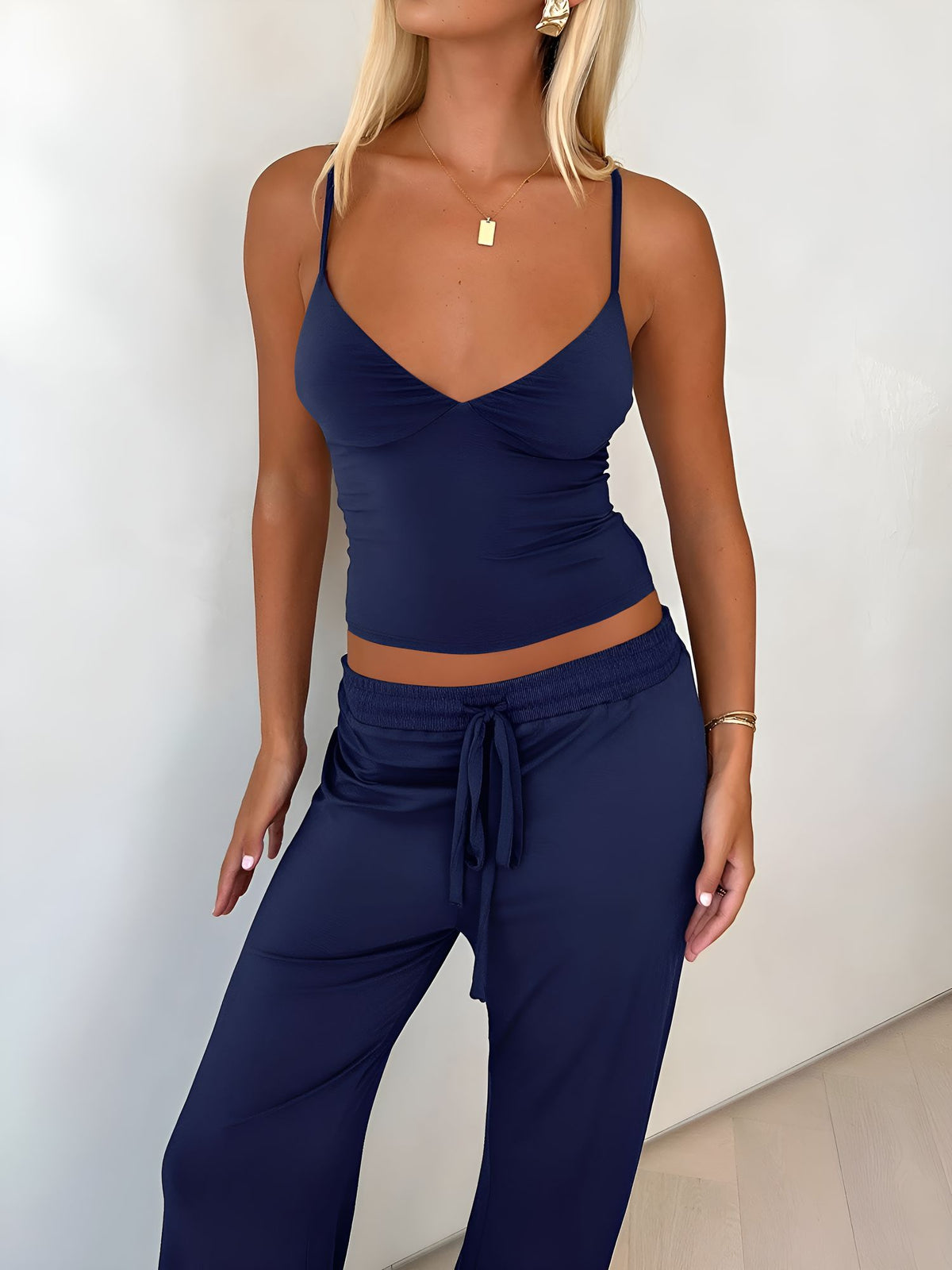 2 Pieces Spaghetti Strap Top & Elastic Waist Trousers Pants Matching Workout Set