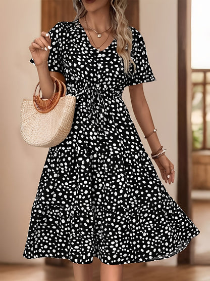 Pocketed Leopard Print Short Sleeve Tiered Dress