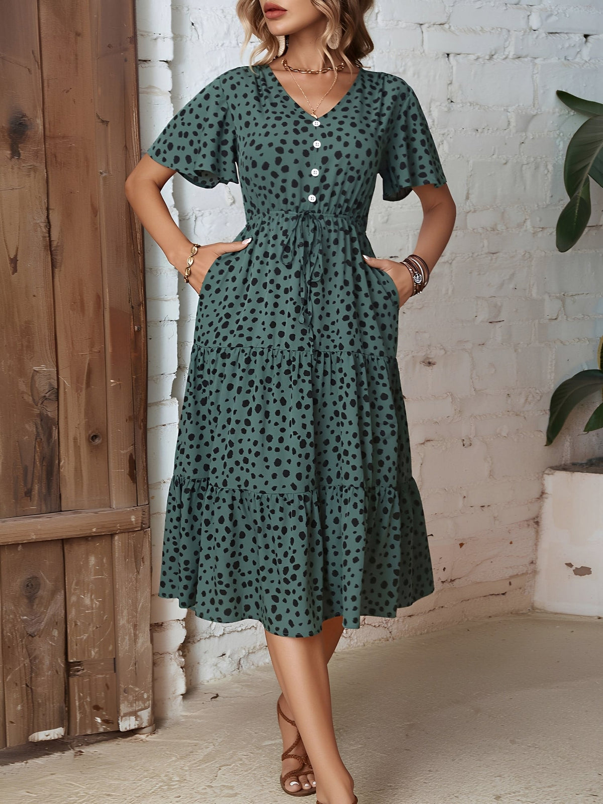Pocketed Leopard Print Short Sleeve Tiered Dress