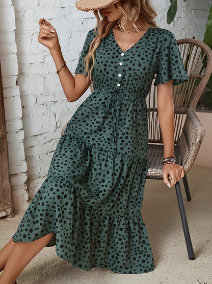 Pocketed Leopard Print Short Sleeve Tiered Dress
