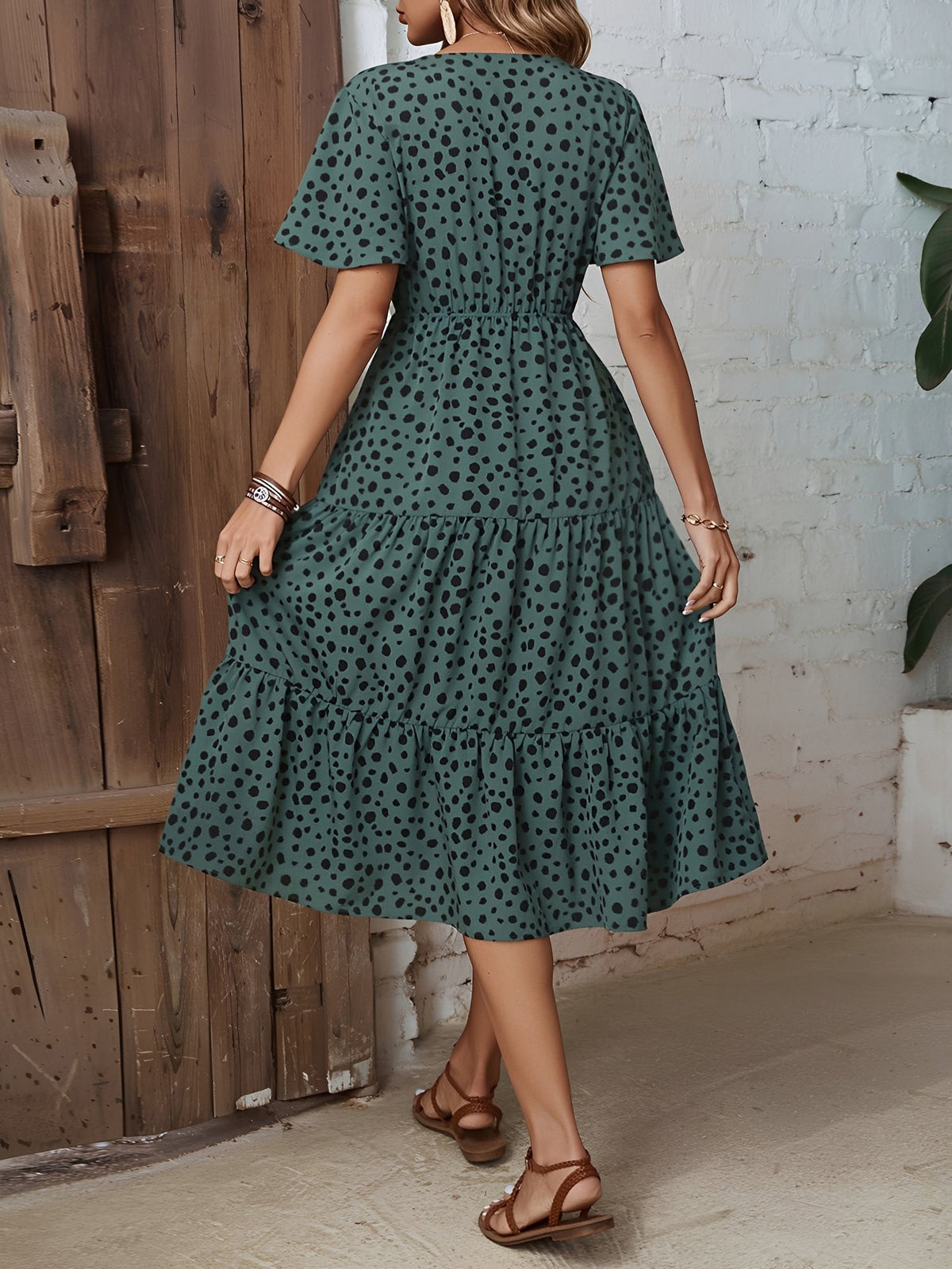 Pocketed Leopard Print Short Sleeve Tiered Dress