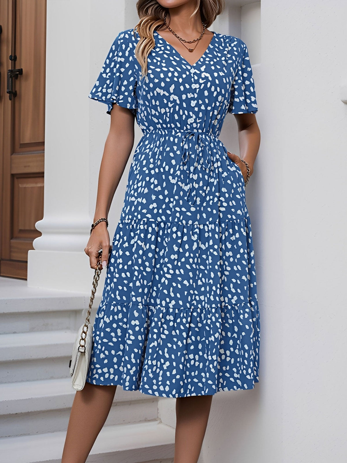 Pocketed Leopard Print Short Sleeve Tiered Dress