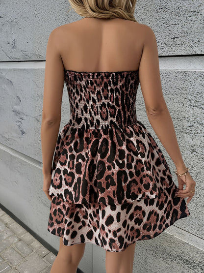 Strapless Leopard Print Smocked Layered Dress