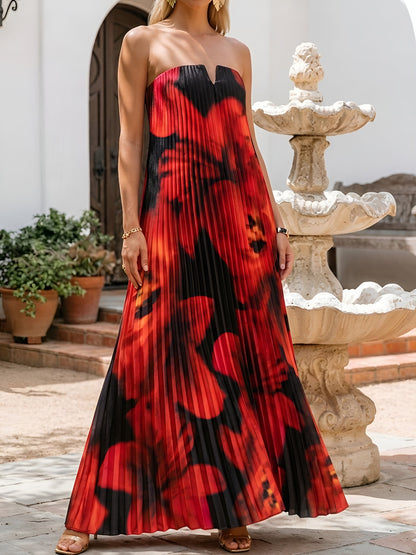 Strapless Pleated Backless Floral Maxi Event Dress