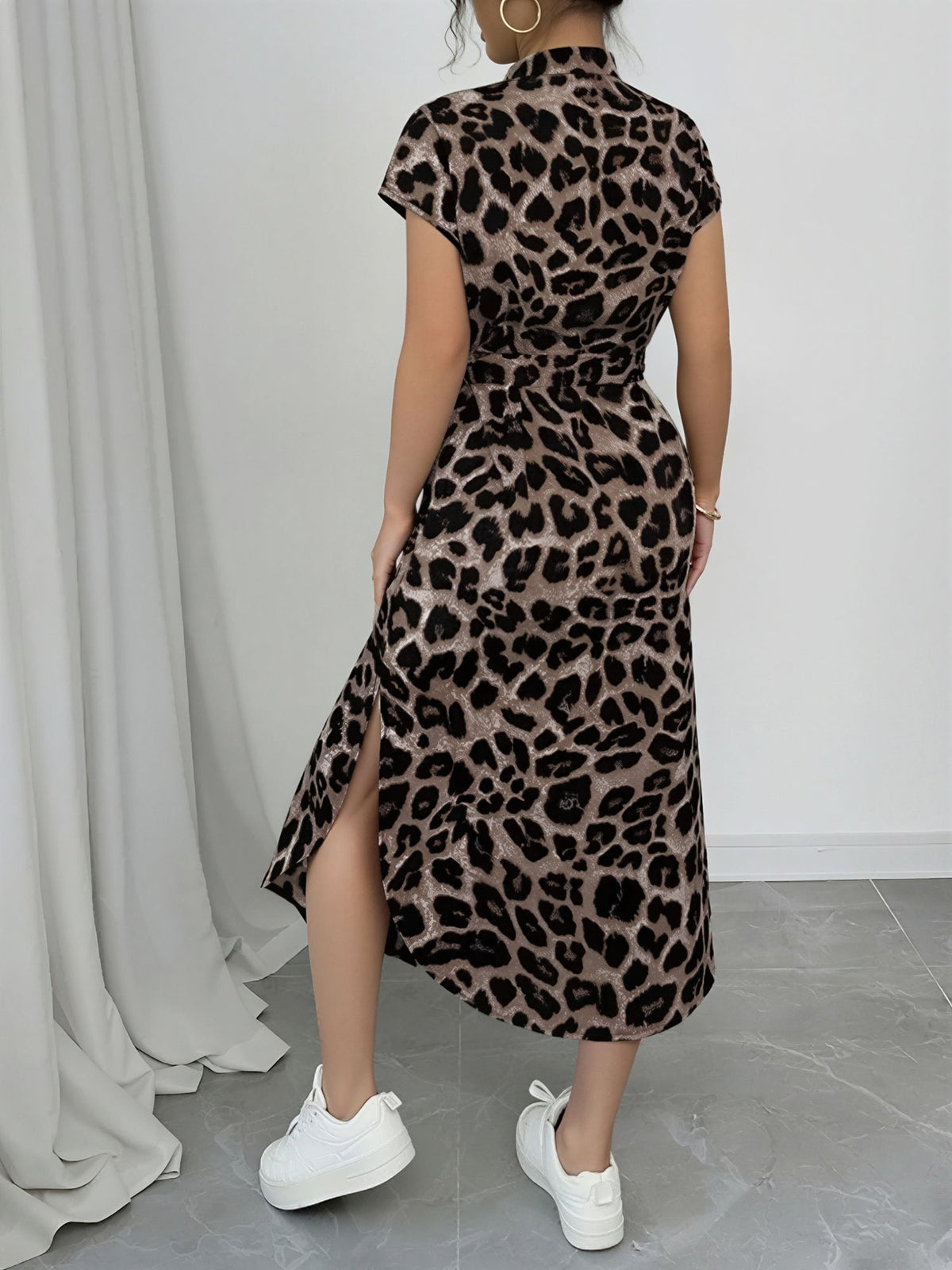 Printed Belted Midi Side Slit Pocketed Shirt Dress