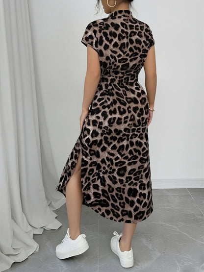 Printed Belted Midi Side Slit Pocketed Shirt Dress