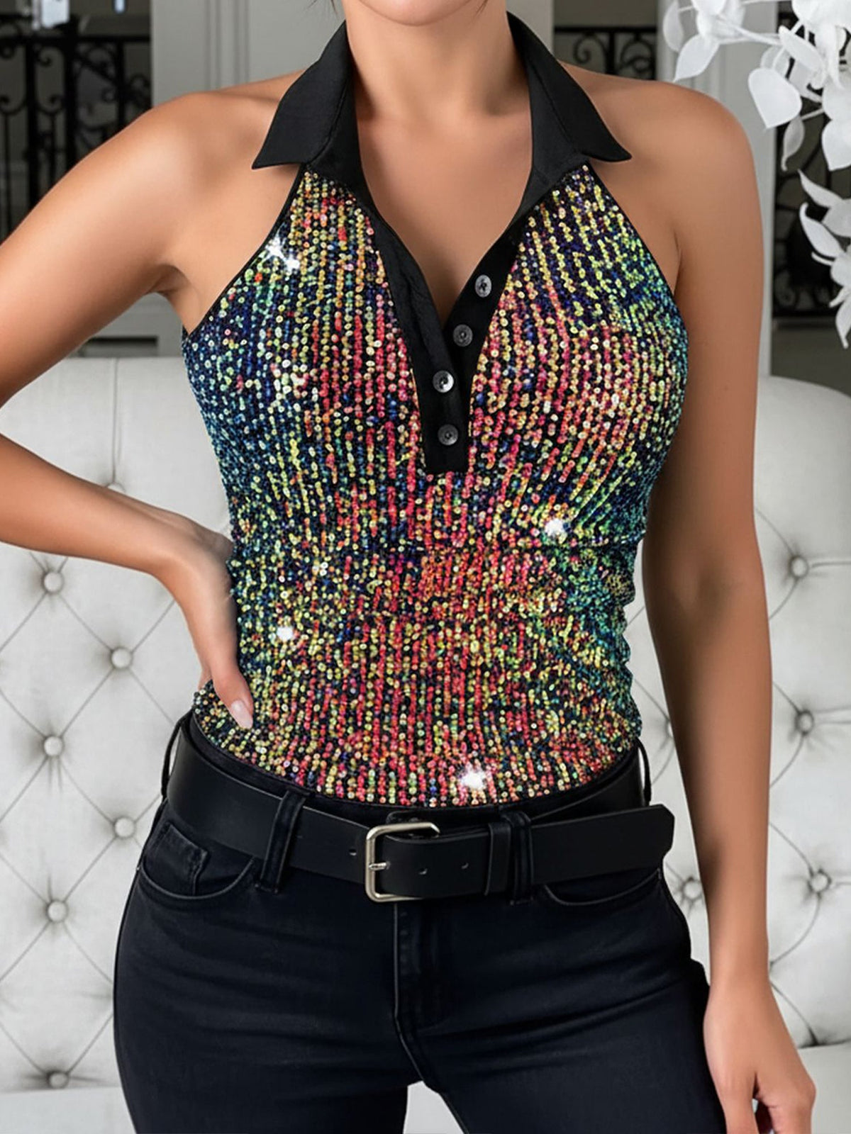 Halter Neck Sequin Sleeveless Blouse
