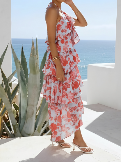 Floral Halter Neck Sleeveless Ruffled Layered Hi-Lo Hem Resort Dress