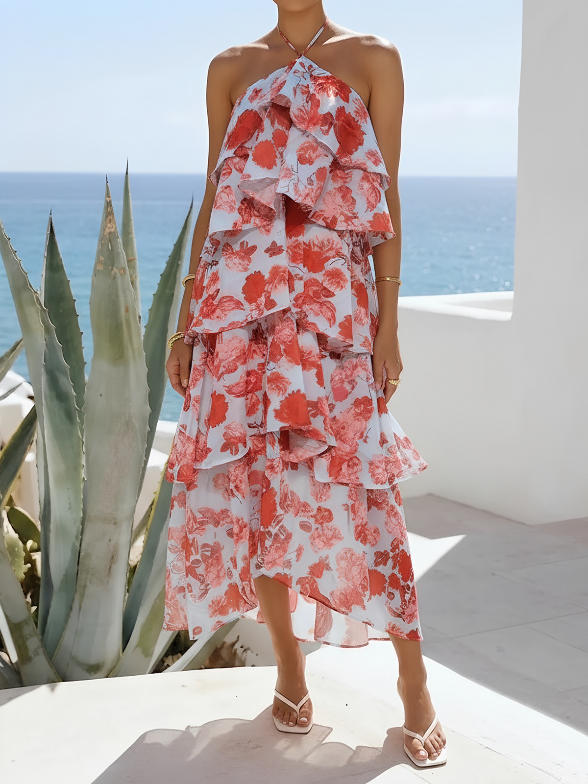 Floral Halter Neck Sleeveless Ruffled Layered Hi-Lo Hem Resort Dress
