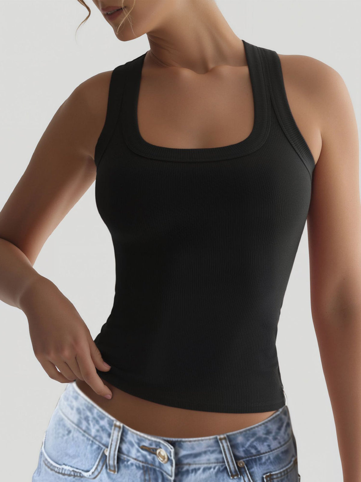 U Neck Sleeveless Casual Solid Color Tank Top