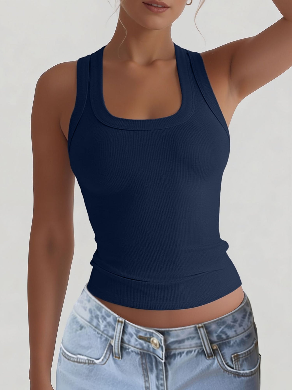 U Neck Sleeveless Casual Solid Color Tank Top