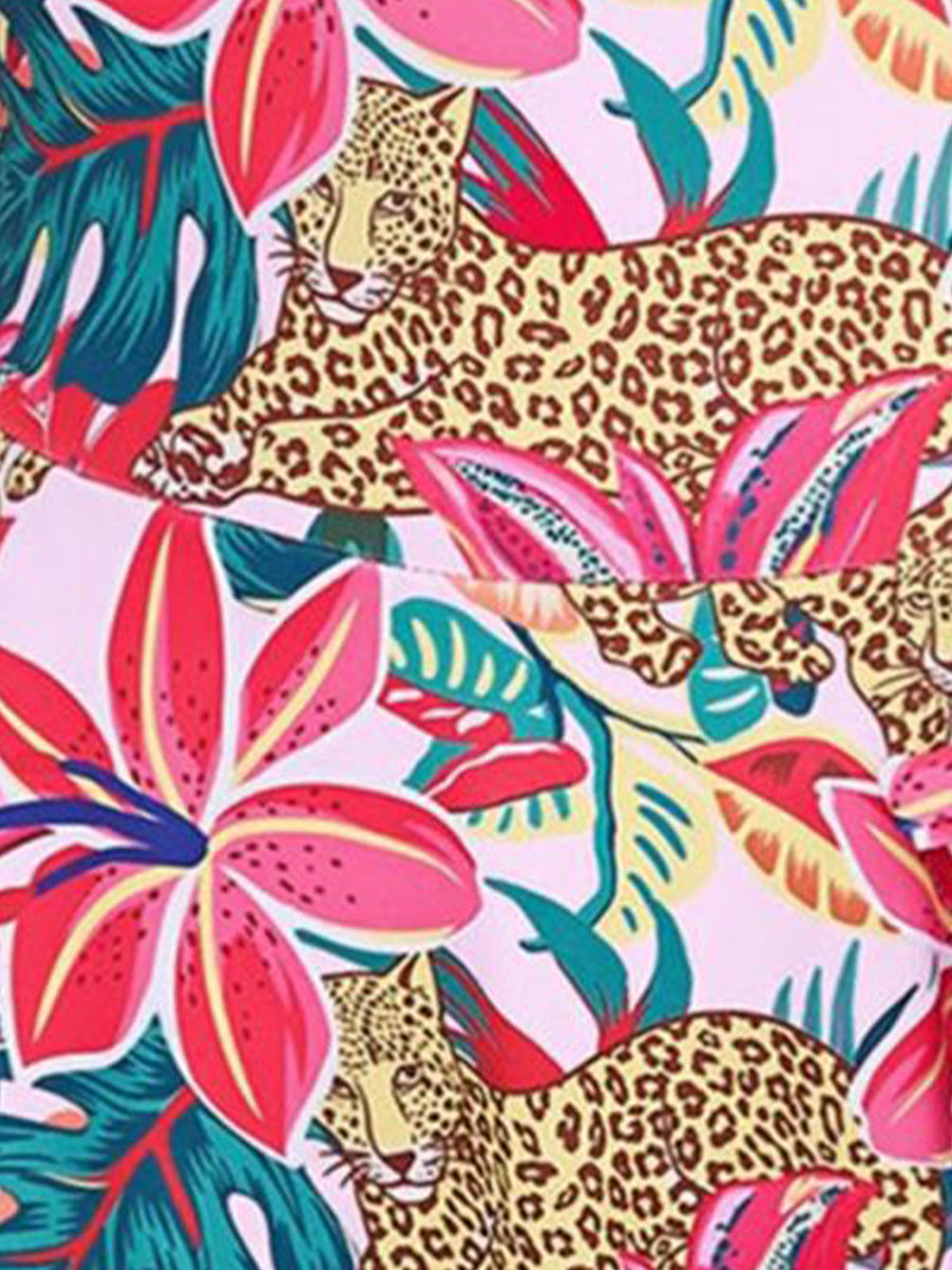 Tropical Floral Asymmetrical Hem Bow One-Piece Swimsuit