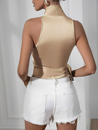 Satin Halter Neck Sleeveless Lace-Up Blouse