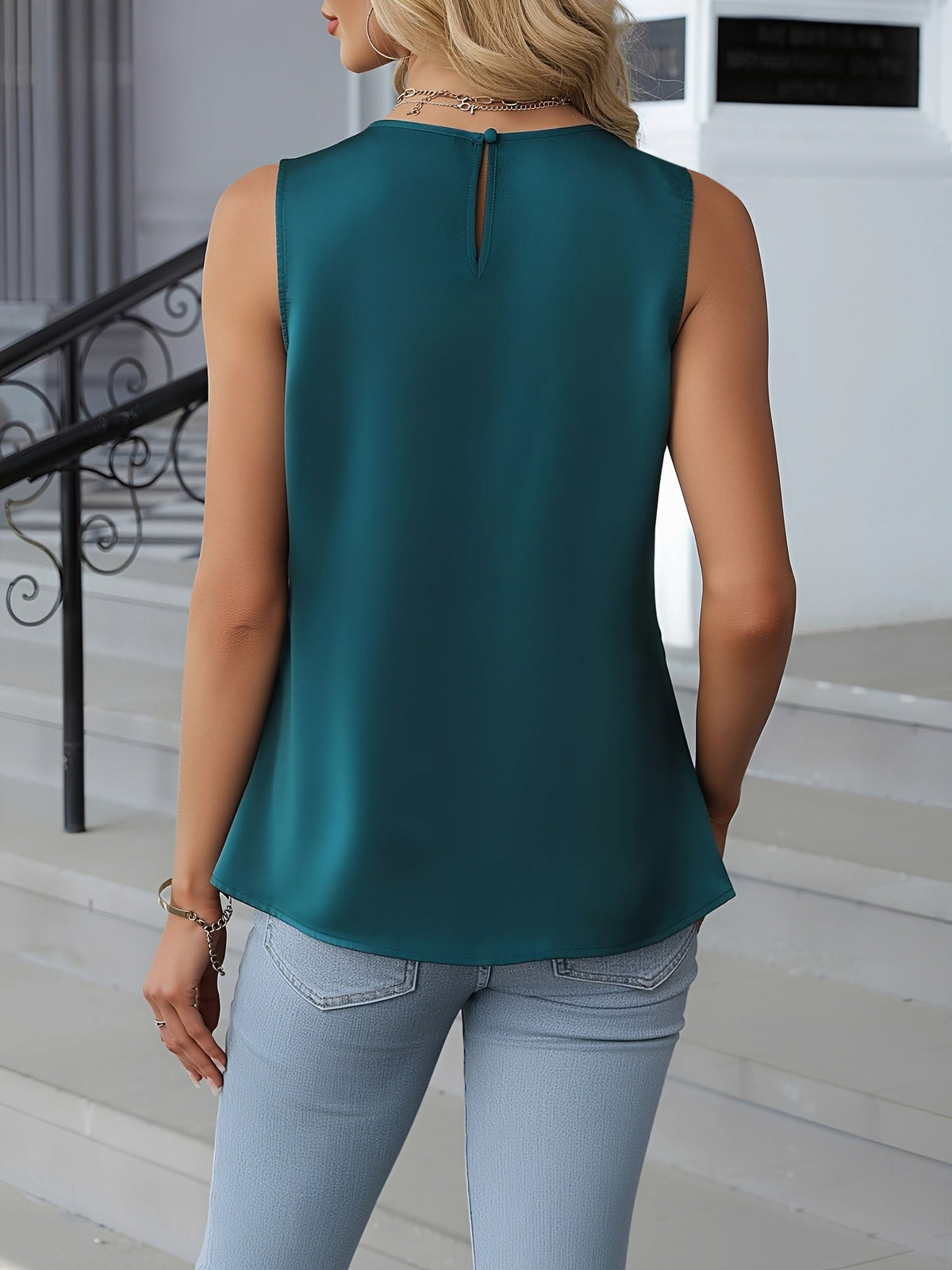 Pleated Round Neck Satin Sleeveless Blouse