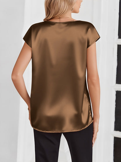 Satin V Neck Short Sleeves Work Blouse