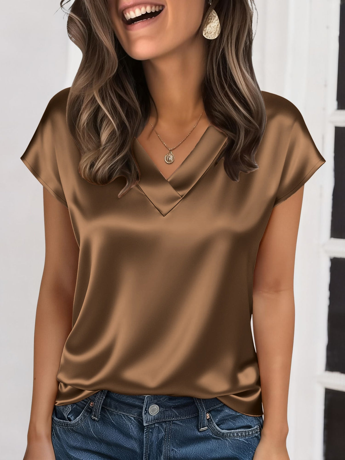 Satin V Neck Short Sleeves Work Blouse
