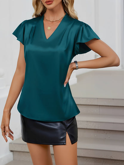 Satin Cap Sleeves Solid Color Casual Blouse