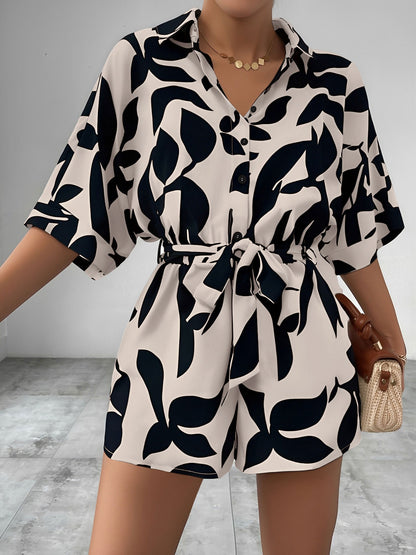Satin Printed Short Sleeves Buttun Down Tie Waist Rompers