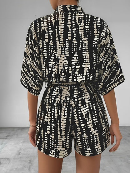 Satin Printed Short Sleeves Buttun Down Tie Waist Rompers