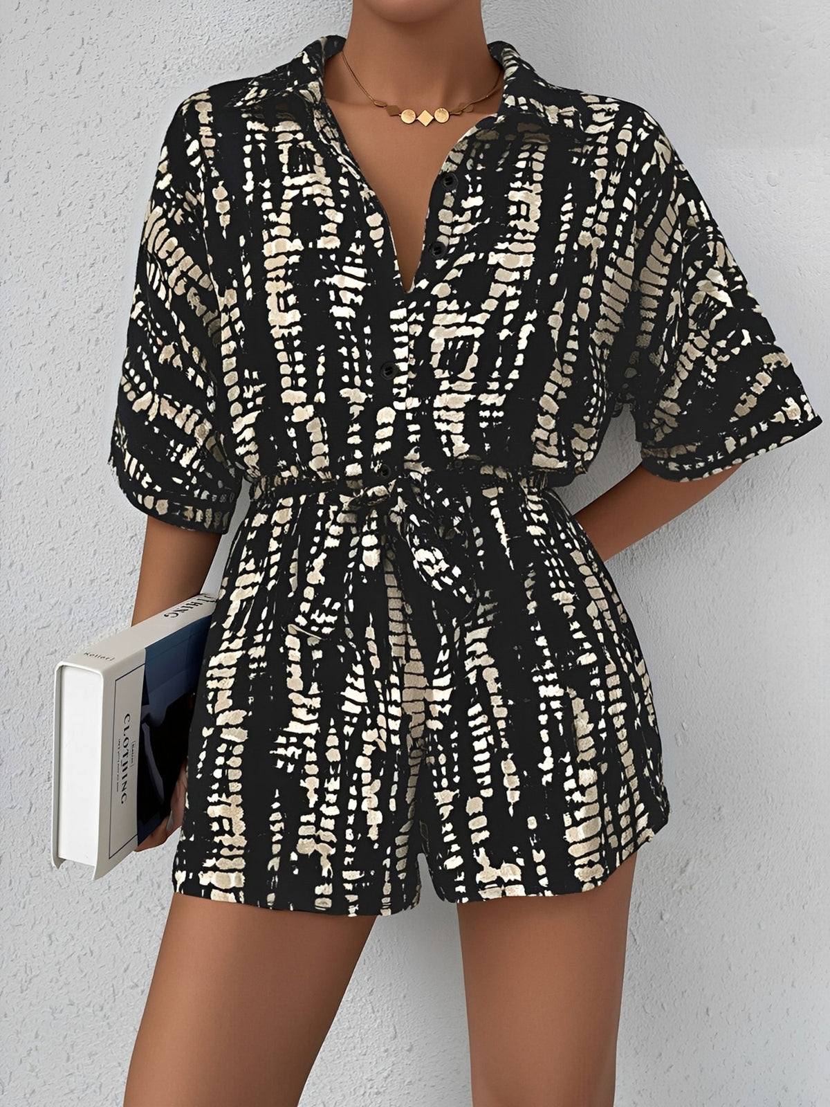 Satin Printed Short Sleeves Buttun Down Tie Waist Rompers