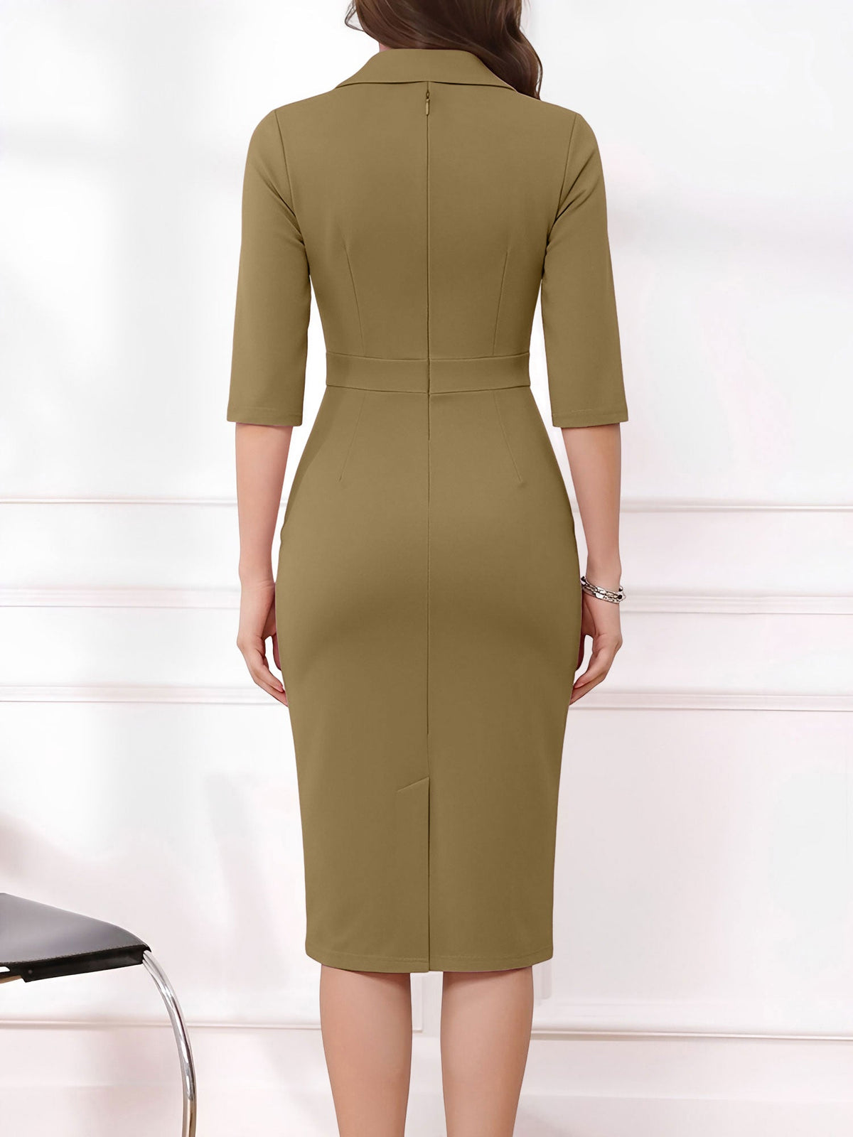 3/4 Sleeves Notch Lapel Midi Sheath Dress