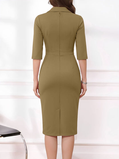 3/4 Sleeves Notch Lapel Midi Sheath Dress