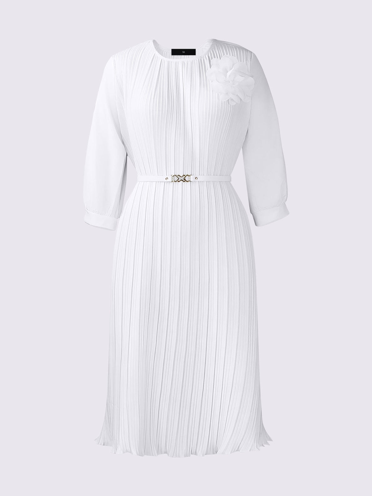 Round Neck 3/4 Sleeves Pleated Flower Decor Midi Dress