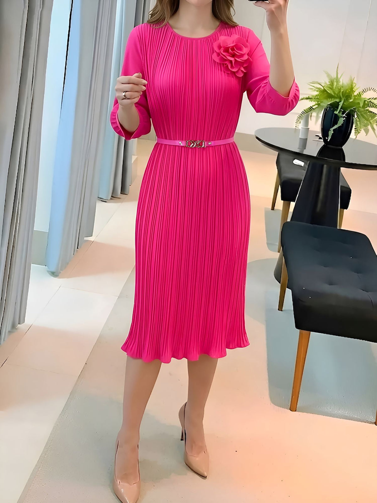 Round Neck 3/4 Sleeves Pleated Flower Decor Midi Dress