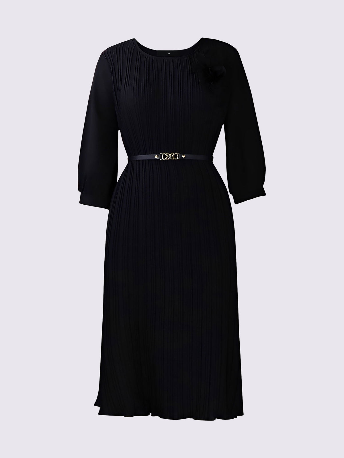 Round Neck 3/4 Sleeves Pleated Flower Decor Midi Dress