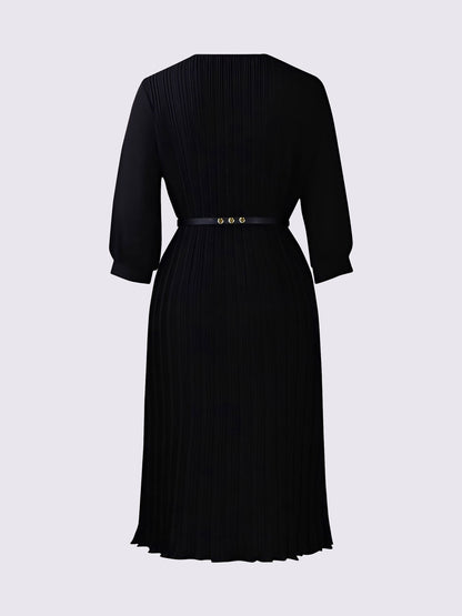 Round Neck 3/4 Sleeves Pleated Flower Decor Midi Dress