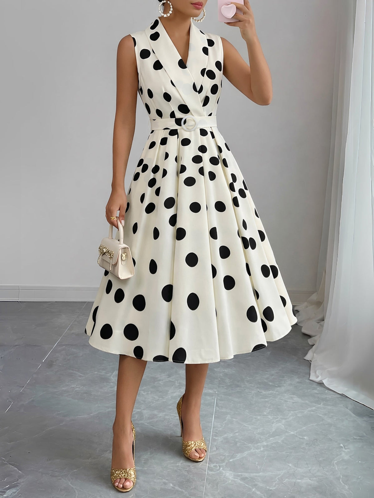 Solid Color/Polka Dot Belted Midi Vintage Swing Dress