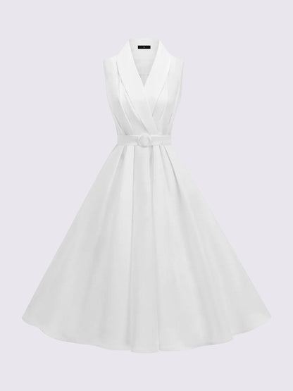 Solid Color/Polka Dot Belted Midi Vintage Swing Dress